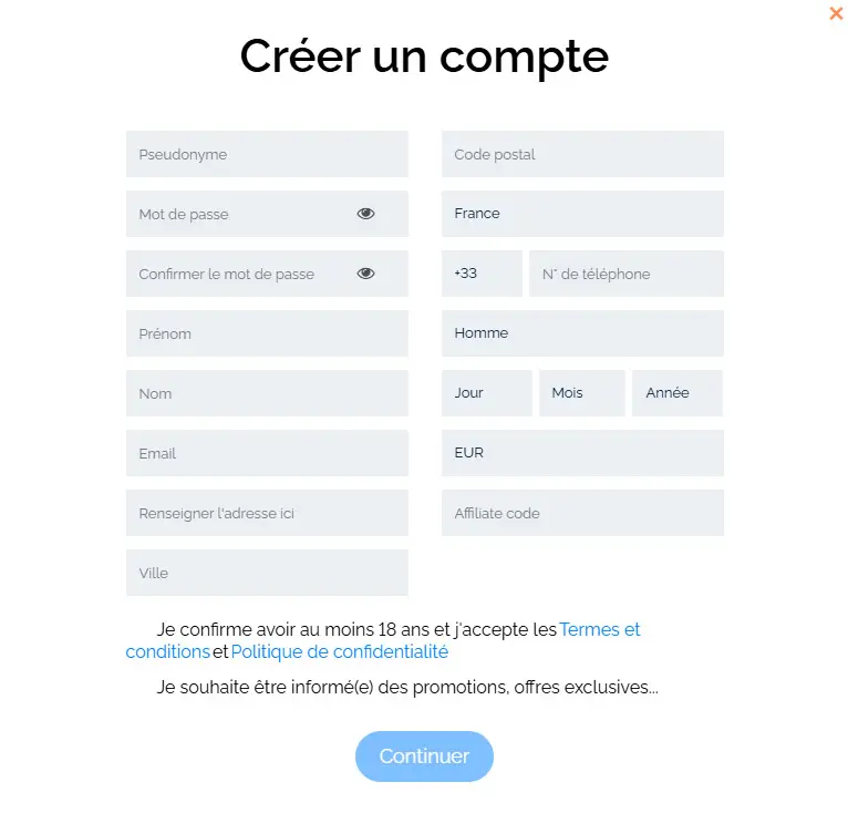 Registration process WHEELZ CASINO